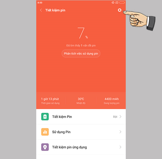 Vào cài đặt Pin
